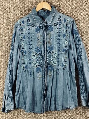 Driftwood Lana Shirt Large Floral Embroidered Chambray Boho Blue Cotton E105